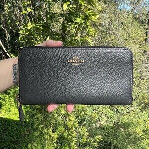 COACH Long Zip-Around Black Pebble Leather Wallet w Gold Hardware